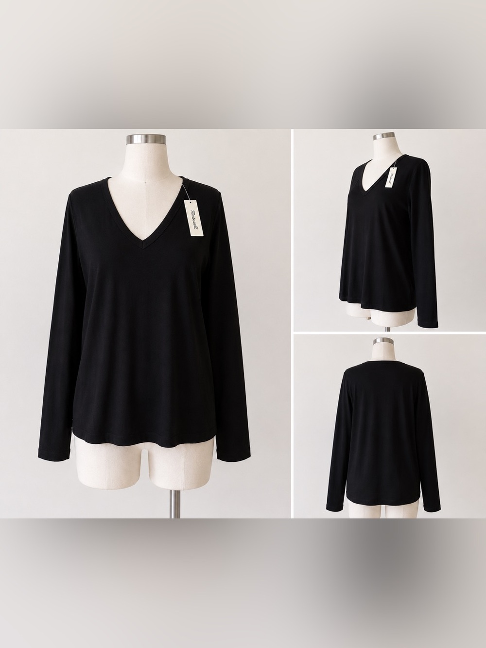 Madewell The '90s V-Neck Long-Sleeve Tee in Compact Cotton black Size XXL NWT